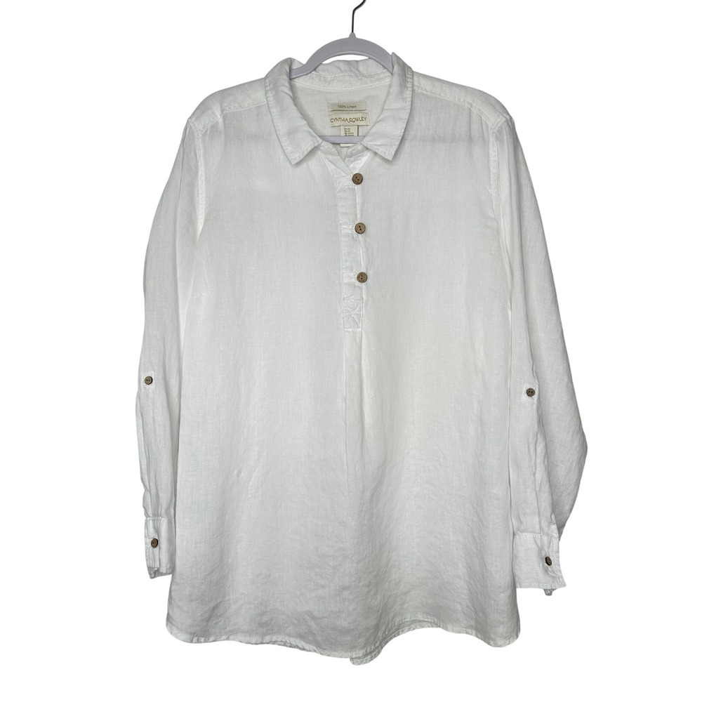 Cynthia Rowley Popover Tunic 2X White 100% Linen Roll Tab Sleeve Lagenlook
